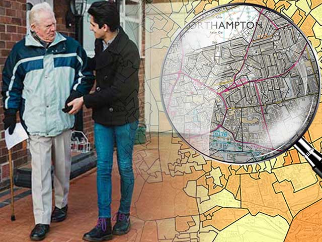 A map with magnifying glass identifying an area on a map and a young man helping an older gentlemen to leave their house.