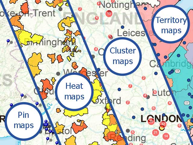 Multiple data map types fading into each other on a UK map.