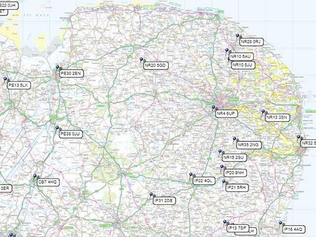 An example postcode pin map of Norfolk.
