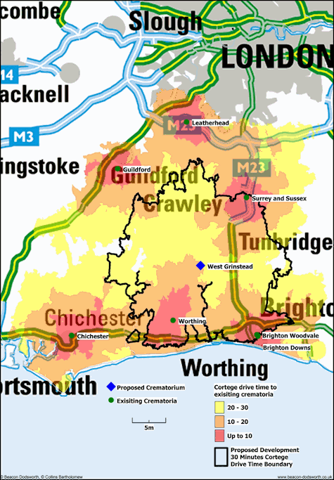 Map displays drive times to existing crematoria