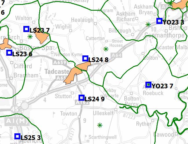 Example postcode map showing the centroid for each sector.