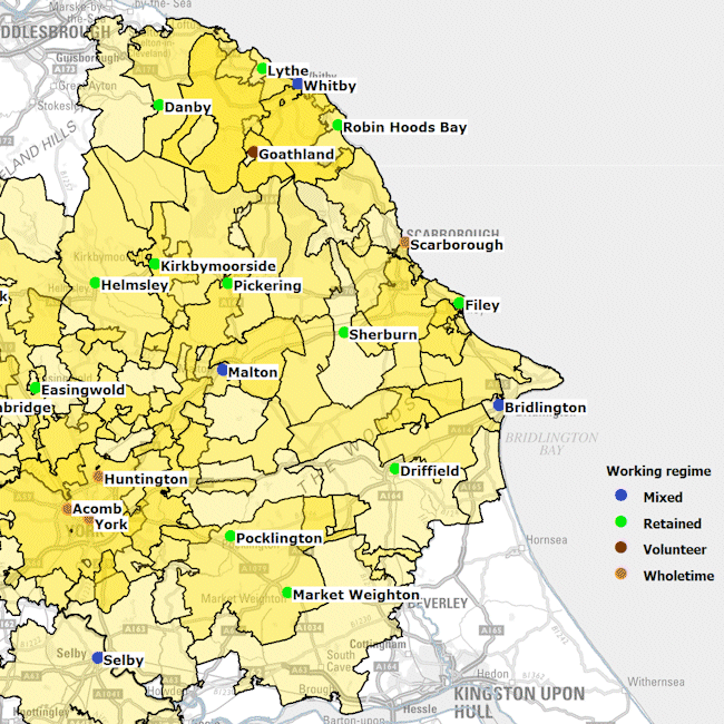 Firestation locations in North and East Yorskhire mapped with working regime and overlapping 20 minute drive-time catchments