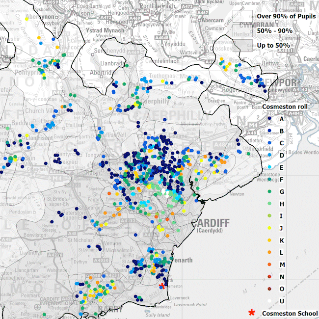 Map of pupil locations coded by the P² geodemographic classification types