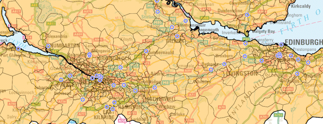 Visualisation of hotel locations across the Central Belt in Scotland