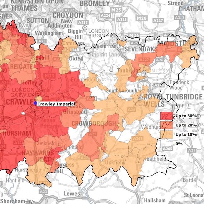 Heat map displays percentage of local visitors to a hotel, meeting travellers from Gatwick