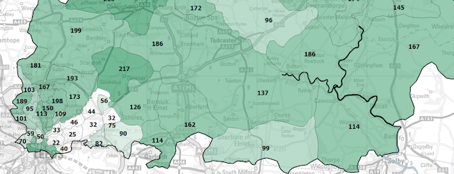 Map displays count of target customers by postcode sectors