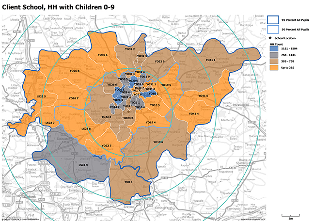 Map analysis of school location plus count of households with children aged 0 to 9