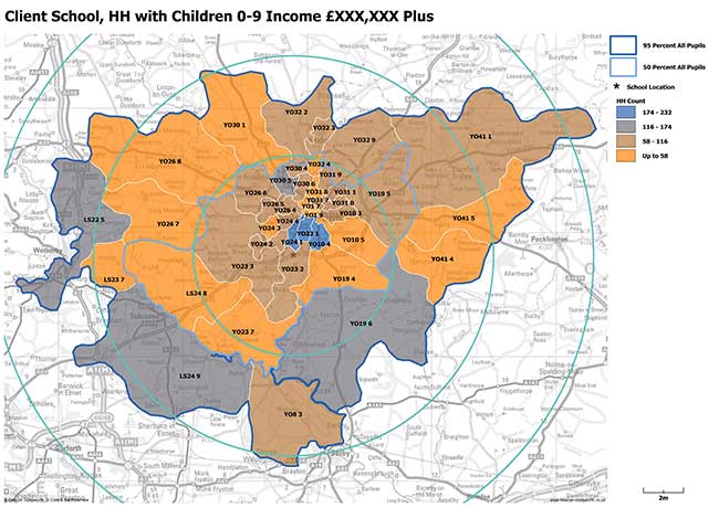 Map analysis of school location, count of households with children aged 0 to 9 and income data