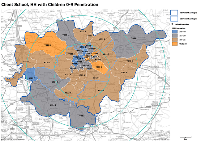 Map analysis of school location, households with children aged 0 to 9 and target market penetration in area