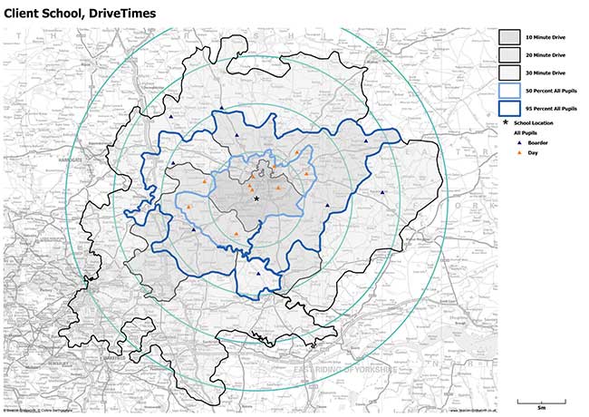 Map analysis of school location and drive times for pupils