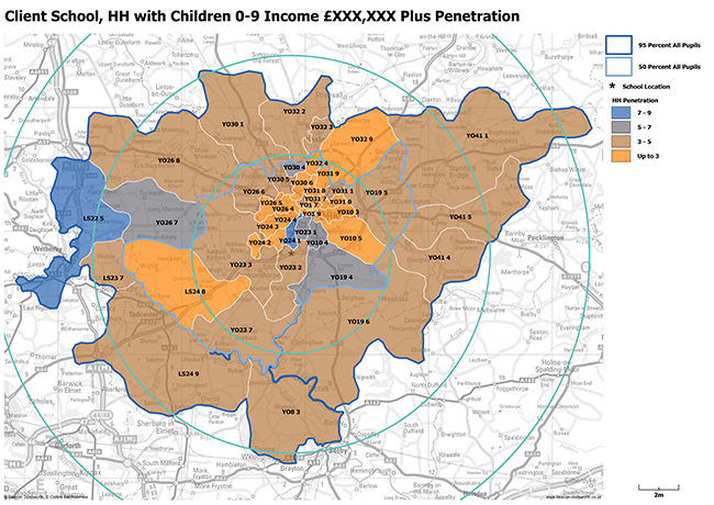 Map analysis of school location, count of households with children aged 0 to 9 and income data penetration