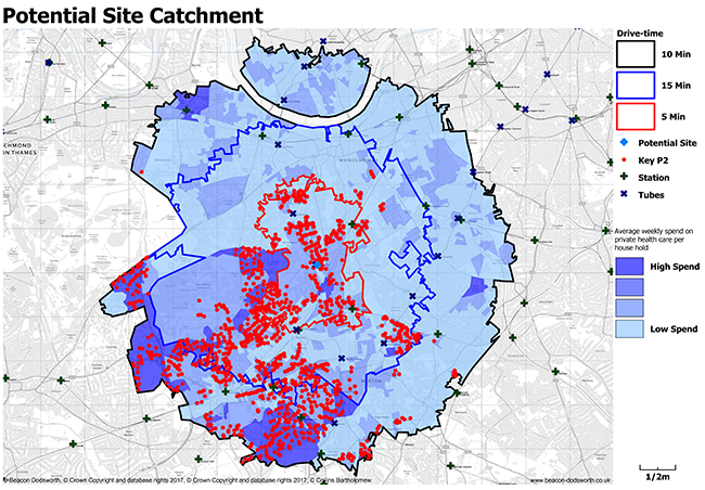 MyHealthcare clinic potential site catchment map with spend on healthcare demographics and transport locations