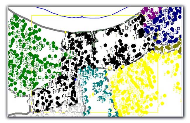 An illustration of the difficulties of mapping a boundary around tightly-packed postcodes.