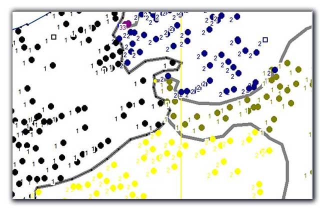 A zoomed-in illustration showing the difficulties of putting boundaries on postcode sectors