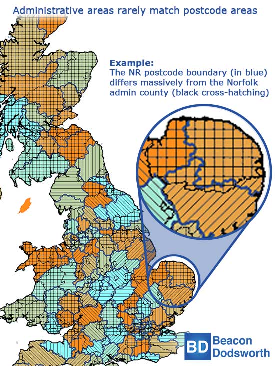 A map showing how administrative boundaries differ from postcode boundaries.