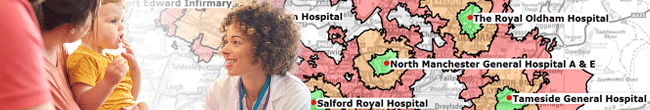 Health consultant superimposed on an isochrone travel-time map.