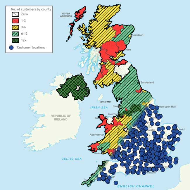 A postcode point map contrasted with a postcode heat map.