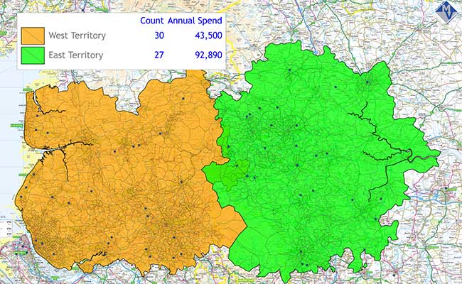 Territory map with similar customer count but unbalanced customer value.